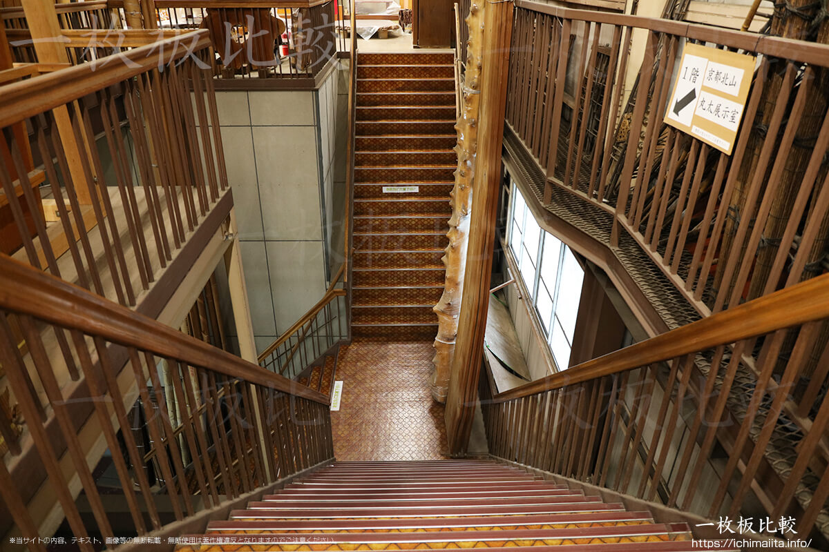 1階京都北山丸太展示室へと続く階段