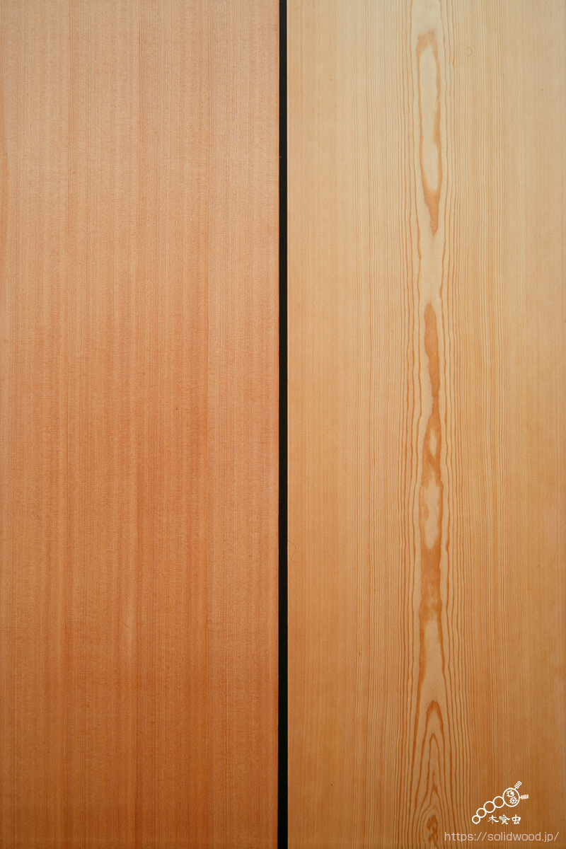 板柾共通の端正さ、柔かさを強調する杢目の両雄「左：柾目（まさめ）、右：中杢目（なかもくめ）」