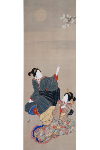 江戸時代に描かれた月を愛でる（めでる）女性の仕種（しぐさ）の浮世絵
