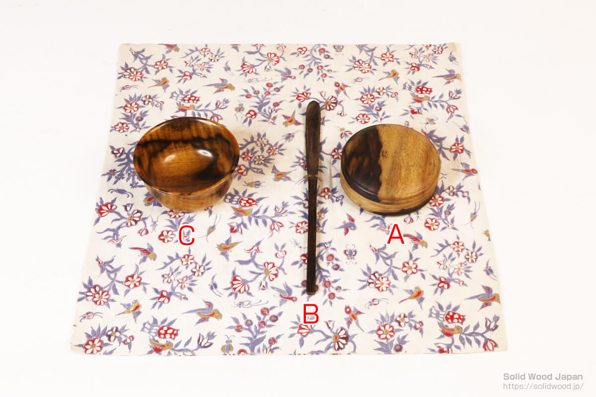 黒柿の茶道具（「A」香合・「B」茶杓・「C」ぐい呑み）